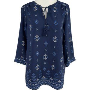 New Fleur Bleue 3/4 Sleeve Tassel Tie Printed Peasant Top Navy Blue Size Small